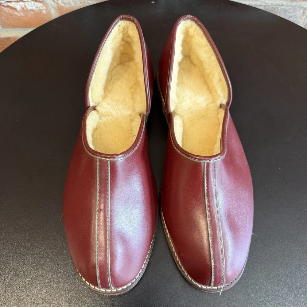 O'Sullivans Vintage Loafer Slipper Wine Split Toe‎ Leather Shearling Mens Sz 8